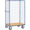 Transportwagen mit Drahtgitterwänden und Holzwerkstoffplatte auf Rollen.