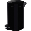 Schwarzer Tretabfalleimer aus Stahl mit Fußpedal und stabiler Sockelerweiterung.