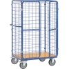 Transportwagen mit Drahtgitterwänden, Holzplattform und vier Rollen.