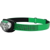 Wiederaufladbare Stirnlampe mit grünem Kopfband, zeigt LED-Leuchten und Bedienelemente.