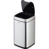 Mülleimer mit Sensor, geöffnet, aus Edelstahl mit schwarzem Deckel und herausnehmbarem Inneneimer.
