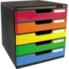 Schubladenbox mit Schloss, 5 farbigen Schubladen, antistatische Oberfläche, quadratisch.