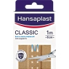 Paket mit Hansaplast Pflaster CLASSIC, 1m x 6cm, zeigt Anwendung mit Scherenbild, atmungsaktiv.