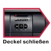 Schaltoberfläche eines Aktenvernichters mit Bedienknöpfen und der Aufforderung "Deckel schließen".