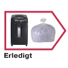 Aktenvernichter neben einem Sack mit geschreddertem Papier und dem Wort "Erledigt".