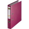 Brombeerfarbener Kunststoffordner DIN A4 mit zwei Metallringen und beschriftbarem Rückenlabel.