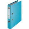 Türkisfarbener Kunststoffordner im DIN A4 Format mit zwei Ringen und beschriftbarem Rückenschild.