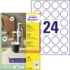 Runde selbstklebende Etiketten in einer Verpackung mit Beispielanwendungen und Design-Übersicht.