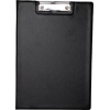 Schwarze Klemmbrettmappe mit flacher Bügelklemme und Einschub für Blätter oder Visitenkarten.