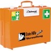 Oranger Erste Hilfe Koffer mit Aufschrift "Erste Hilfe Verwaltung" und verschiedenen Symbolen.