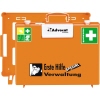 Oranger Erste-Hilfe-Koffer mit der Aufschrift "Erste Hilfe Verwaltung" und Kreuzsymbolen.