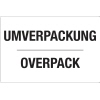 Hinweisetikett mit den Worten "UMVERPACKUNG" und "OVERPACK" auf weißem Hintergrund.