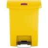 Gelber Tretabfalleimer mit Fußpedal und breiter Rückseite für platzsparende Nutzung.