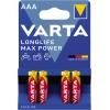 Packung mit vier Varta Longlife Max Power AAA-Batterien auf blauem Hintergrund.