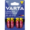 Packung mit vier AA-Batterien der Varta Longlife Max Power mit gelber und roter Kennzeichnung.
