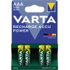 Vier Varta Akkus vom Typ AAA in Verpackung mit der Aufschrift "Recharge Accu Power".