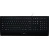 Schwarze Logitech Tastatur K280e mit flachen Tasten und USB-Anschluss im Oberansicht.