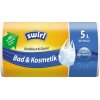 Müllbeutel für Bad & Kosmetik in gelb-blauer Verpackung, 5 Liter, 40 Stück, mit Tragegriffen.