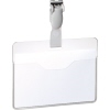 Transparente Hülle für ein Namensschild mit Clips zur Befestigung.