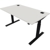 Schreibtisch mit elektrischer Höhenverstellung, rechteckiger weißer Fläche und schwarzen Beinen.