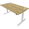 Schreibtisch mit natürlicher Holzoberfläche und elektrischer Höhenverstellung in weißer Farbe.