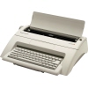 Schreibmaschine in offener Position mit Tastatur und leeren Papierplatz.