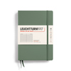 Notizbuch in olivgrüner Farbe mit Hardcover und elastischem Verschluss, DIN A5, liniert.