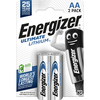 Zwei Energizer Lithium AA-Batterien in blauer Verpackung mit Informationsgrafiken und Maskottchen.