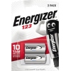 Zwei Energizer 123 Lithium-Batterien in Verpackung mit 10-jähriger Lagerfähigkeit.