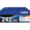 Tonerpatrone in der Verpackung, bezeichnet als Brother TN-242CMY in cyan, magenta und gelb.