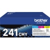 Blaue Verpackung mit der Bezeichnung 'TN-241CMY' und Tonern in cyan, magenta und gelb.