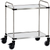 Servierwagen mit zwei Etagen, Rohrschiebebügel und vier Lenkrollen, aus Edelstahl und Stahl.
