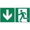Hinweisschild zum Notausgang mit nach unten zeigendem Pfeil und flüchtender Person im Hart-PVC.