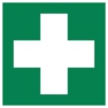 Grünes Hinweisschild mit weißem Kreuz in der Mitte, geeignet für die Wandbefestigung.