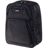 Schwarzer Notebookrucksack mit zwei gepolsterten, verstellbaren Tragegurten und mehreren Fächern.