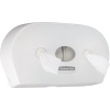 Weißer Toilettenpapierspender für zwei Rollen mit Zentralentnahme und sichtbaren Blättern.