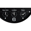 Wanduhr mit vier Zeitzonenanzeigen für New York, London und Tokio auf schwarzem Ziffernblatt.