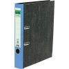 Schwarzer Ordner mit blauen Rändern und zwei Ösen für DIN A4 Unterlagen, in Seitenansicht.