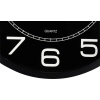 Schwarze Wanduhr mit großen weißen Ziffern und Quartz-Anzeige.
