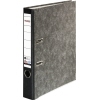 Schwarzer Ordner im Wolkenmarmor-Design, DIN A4, mit zwei D-Ringen und Sichtfenster.
