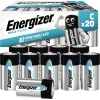 Packung mit 20 Energizer Max Plus C Batterien, sichtbare Batterien in Frontansicht.