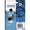Schwarze Epson Tintenpatrone 408L in Verpackung mit Brille auf blauem Hintergrund.