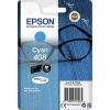 Epson Tintenpatrone 408 in Cyan auf einer Verpackung mit transparentem Hintergrund.