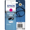 Magenta Tintenpatrone 408 in Verpackung mit einem blauen Hintergrund und Brillenrahmen.