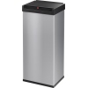 Silberner Abfalleimer mit schwarzem Schwingdeckel und Klemmbereich für Müllbeutel.