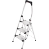 Trittleiter mit drei Stufen, Sicherheitsbügel und Ablageschale in Aluminiumausführung.