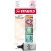 Vier pastellfarbene Textmarker im Mini-Format in einer Verpackung mit buntem Design.