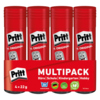 Vier Pritt Klebestifte im Multipack, 22 g jeweils, mit roter Verpackung und verschiedenen Symbolen.