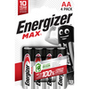 Vier AA-Batterien in Verpackung mit Grafik und Hinweis auf 10 Jahre Haltbarkeit.
