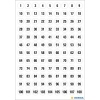Selbstklebende Zahlenetiketten in weißen runden Kreisen mit schwarzer Schrift von 1 bis 108.